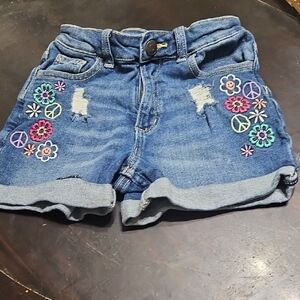 Justice Blue Denim Embroidered Floral & Peace Sign Shorts